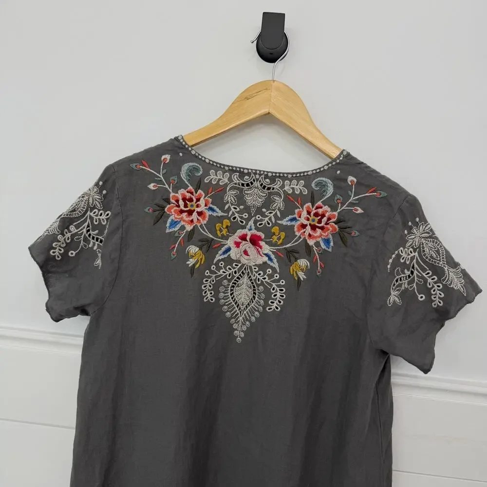 Women’s Johnny Was Assa Linen Draped Tunic Gray Embroidered Floral Small S - Picture 7 of 9